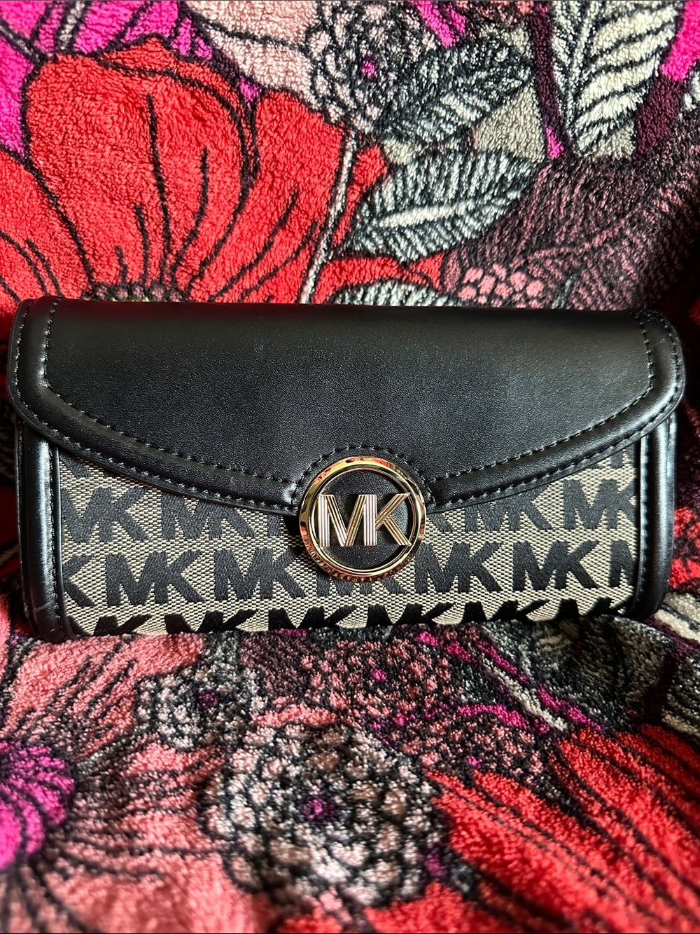 Michael Kors nwt Fulton large flap continental fabric leather logo black wallet